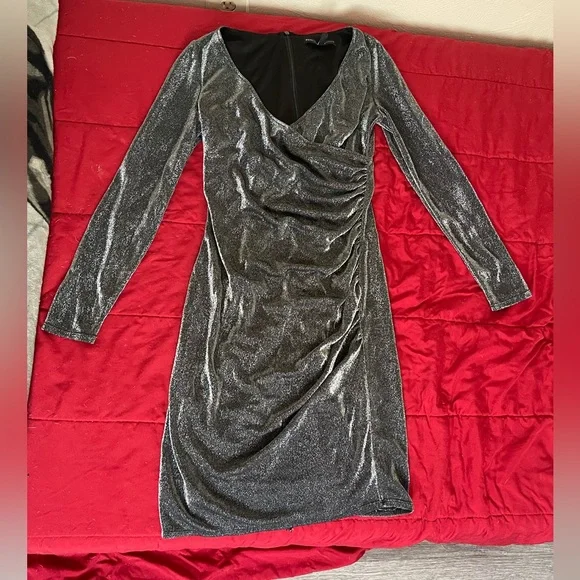 white house black market silver dress Womens White/House/Black/Market Square Neck Ruched Silver Accents Black Dress Sm